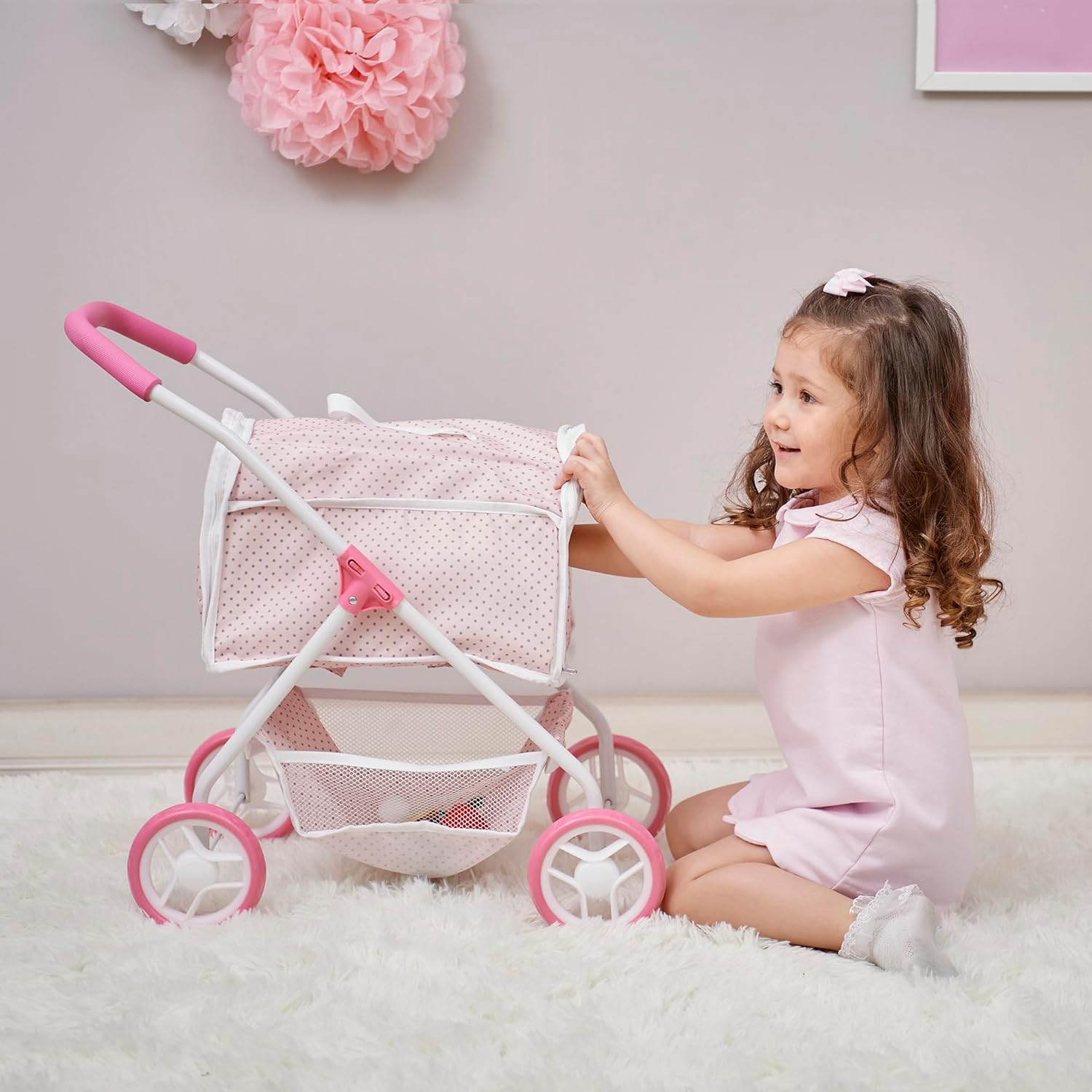 Pink/Gray Doll Stroller with Detachable Pet Carrier M538