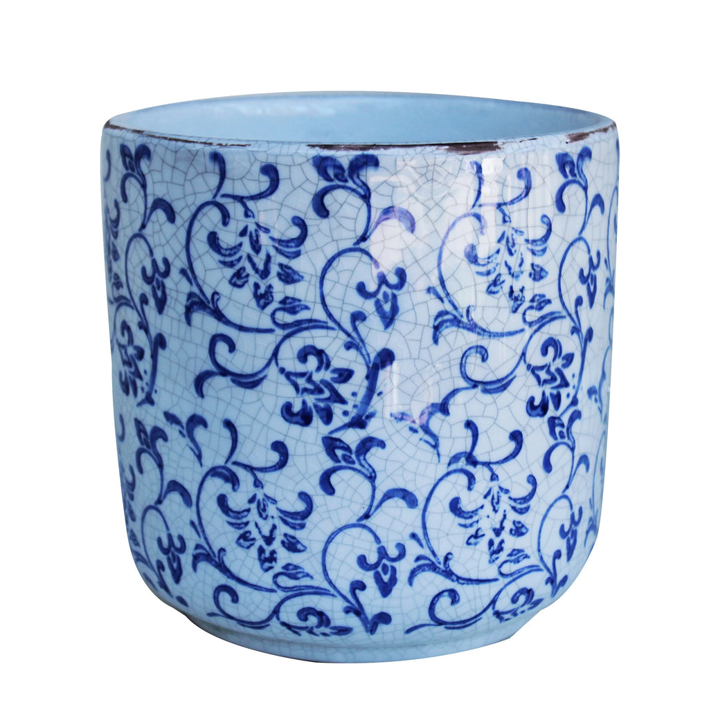 Blue and white ceramic cylindrical garden pot or planter J838221