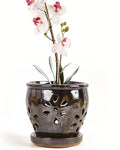Olive Green 5 Inch Ceramic Orchid Pots with Holes and Saucers H8055