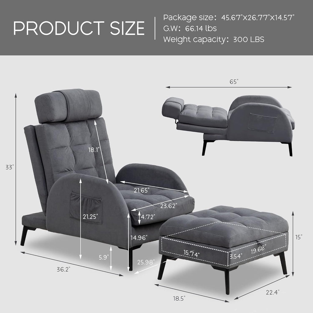 Dark Grey Velvet Accent Chair with Ottoman and Adjustable Backrest P5273