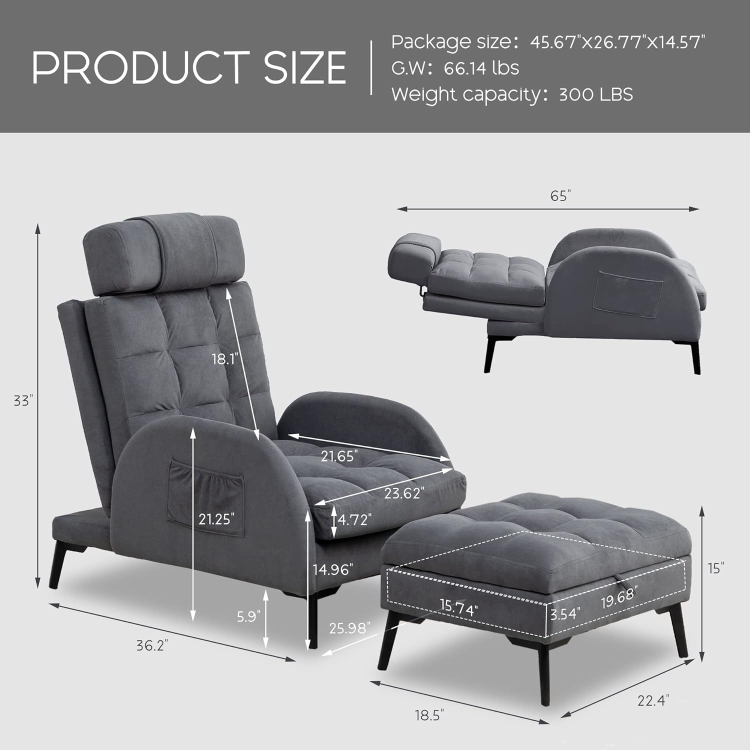 Dark Grey Velvet Accent Chair with Ottoman and Adjustable Backrest P5273