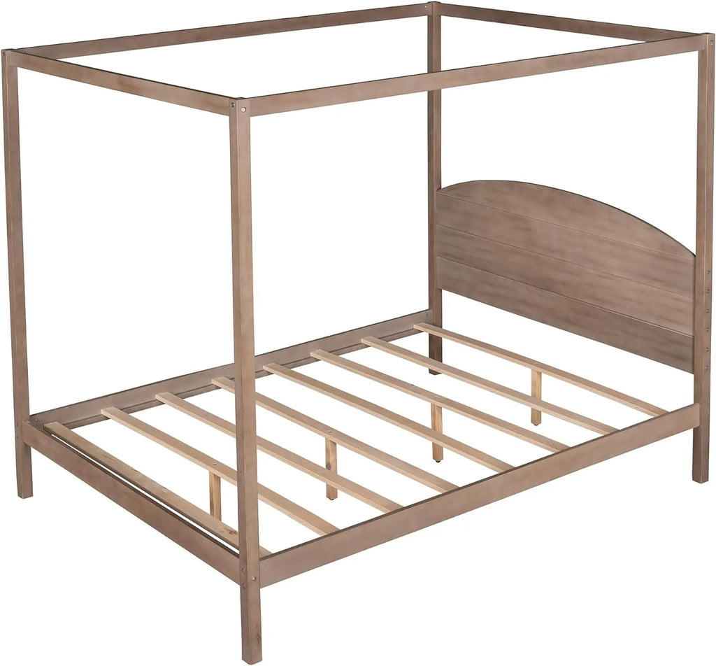 Brown Wash Queen Size 4-Post Canopy Bed Frame F196