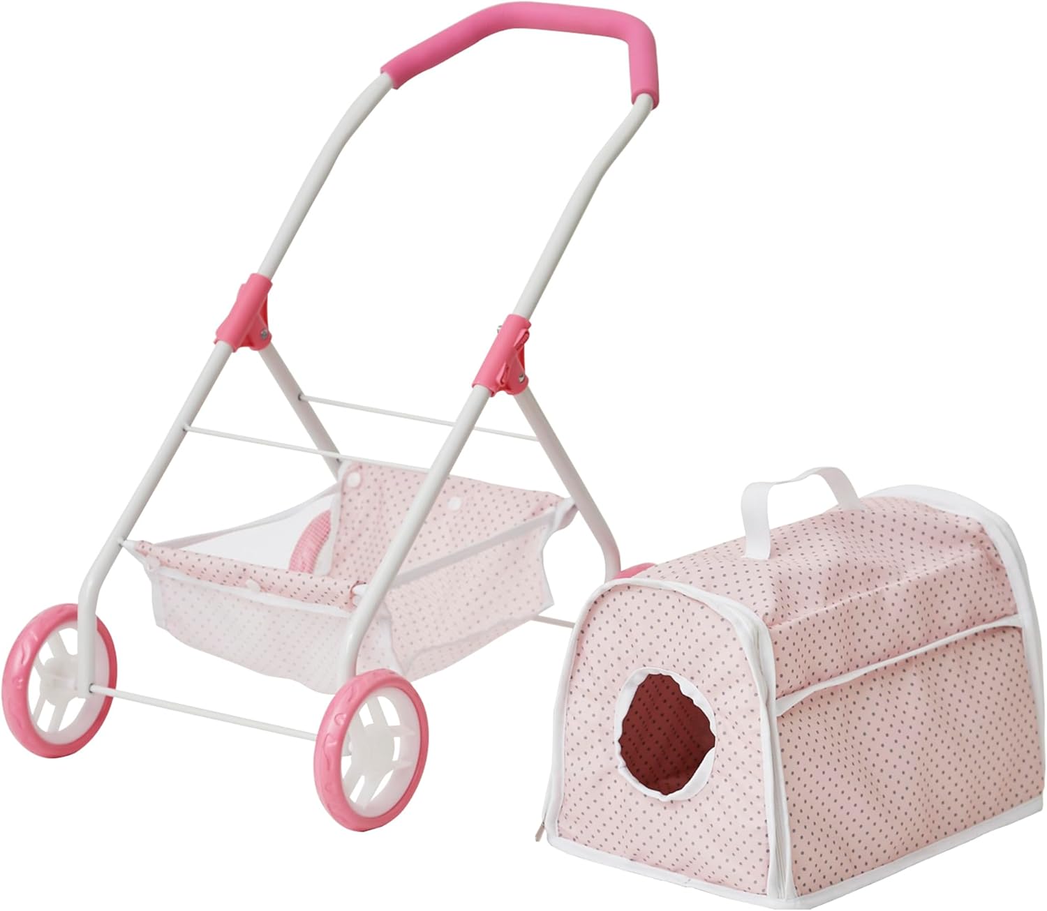Pink/Gray Doll Stroller with Detachable Pet Carrier M538