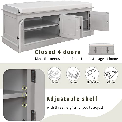 White 4 Door Storage Bench with Adjustable Shelves and Removable Seat Cushion P594434
