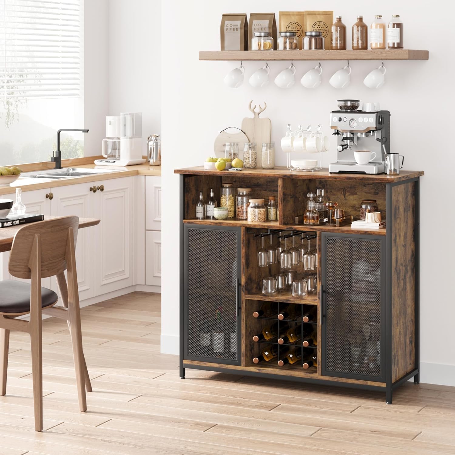 Rustic Brown Coffee Bar Cabinet with Mesh Doors and Adjustable Shelves B535