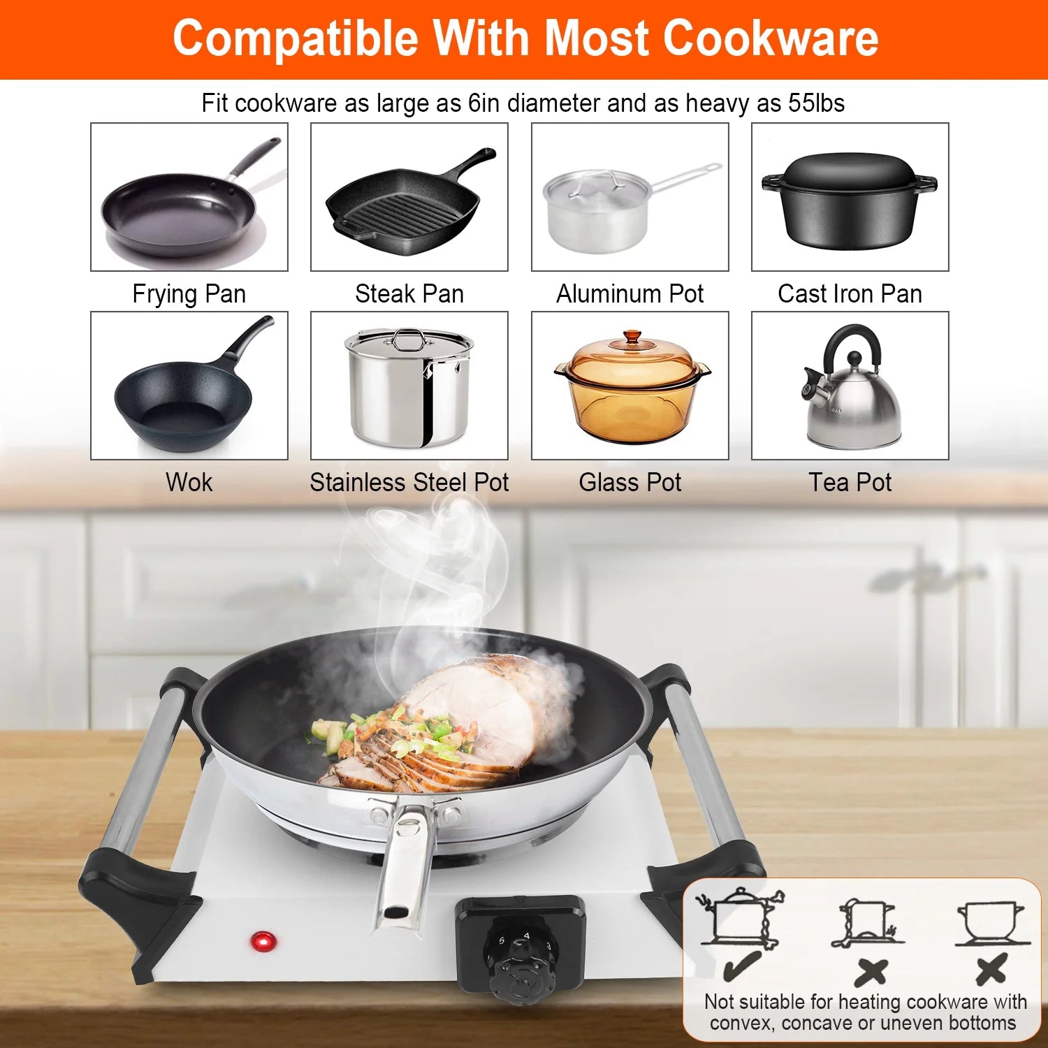 White Electric Single Burner Hot Plate with 5 Temperature Adjustments A3058