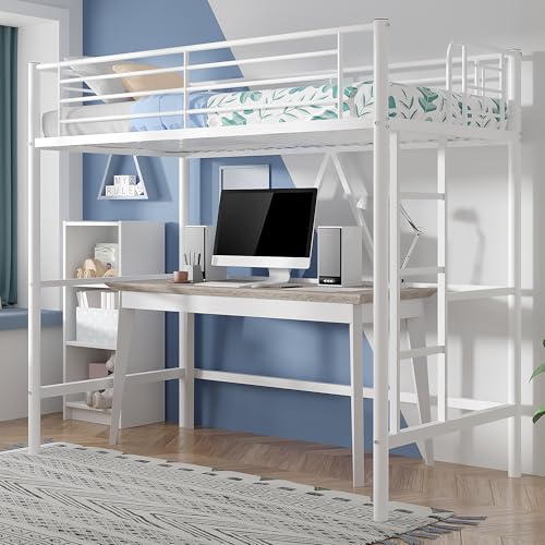 Pink Twin Size Metal Loft Bed with Ladder and Guardrail W43392