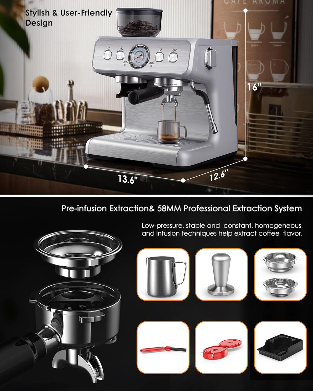 15 Bar Espresso Machine with Coffee Bean Grinder Milk Frother Stainless Steel P928