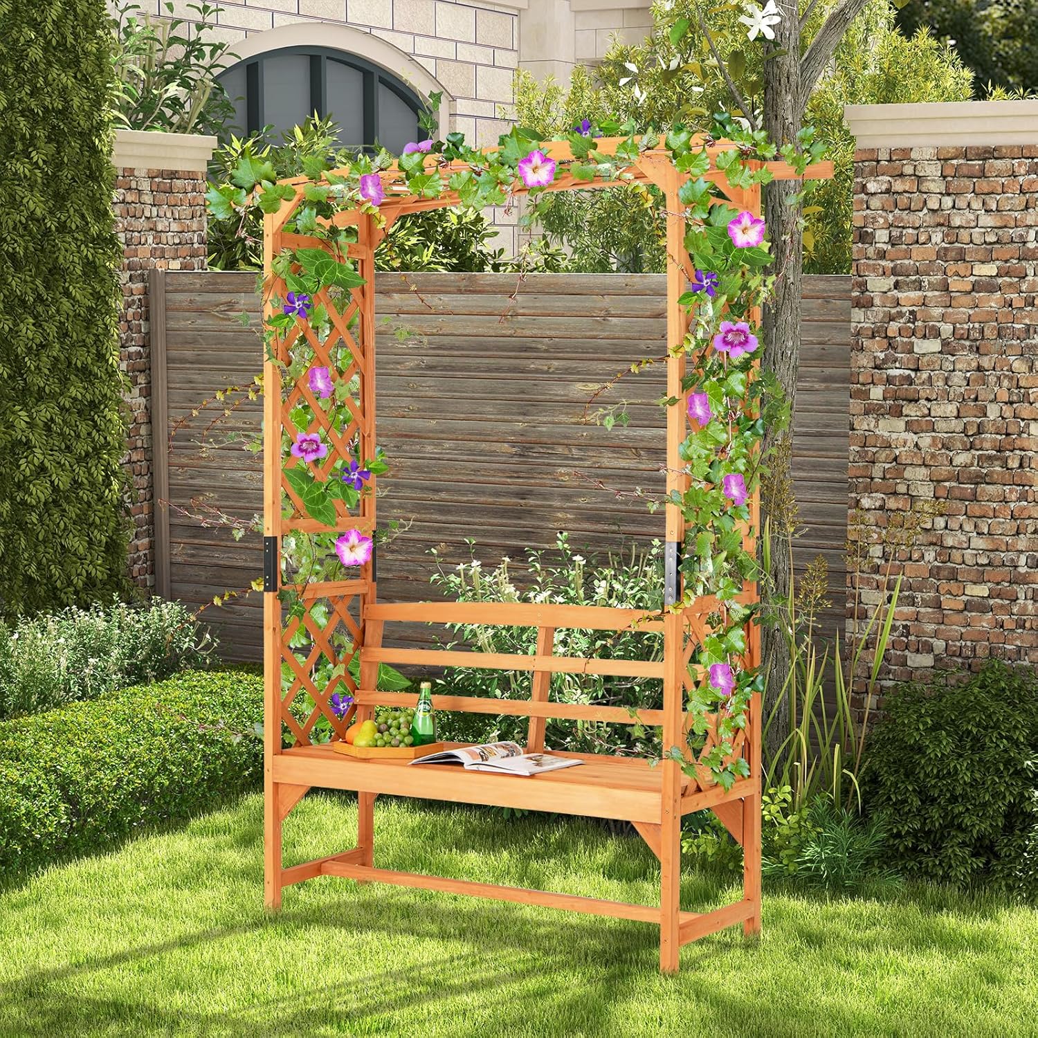 Wooden Garden Arbor with Bench F48415