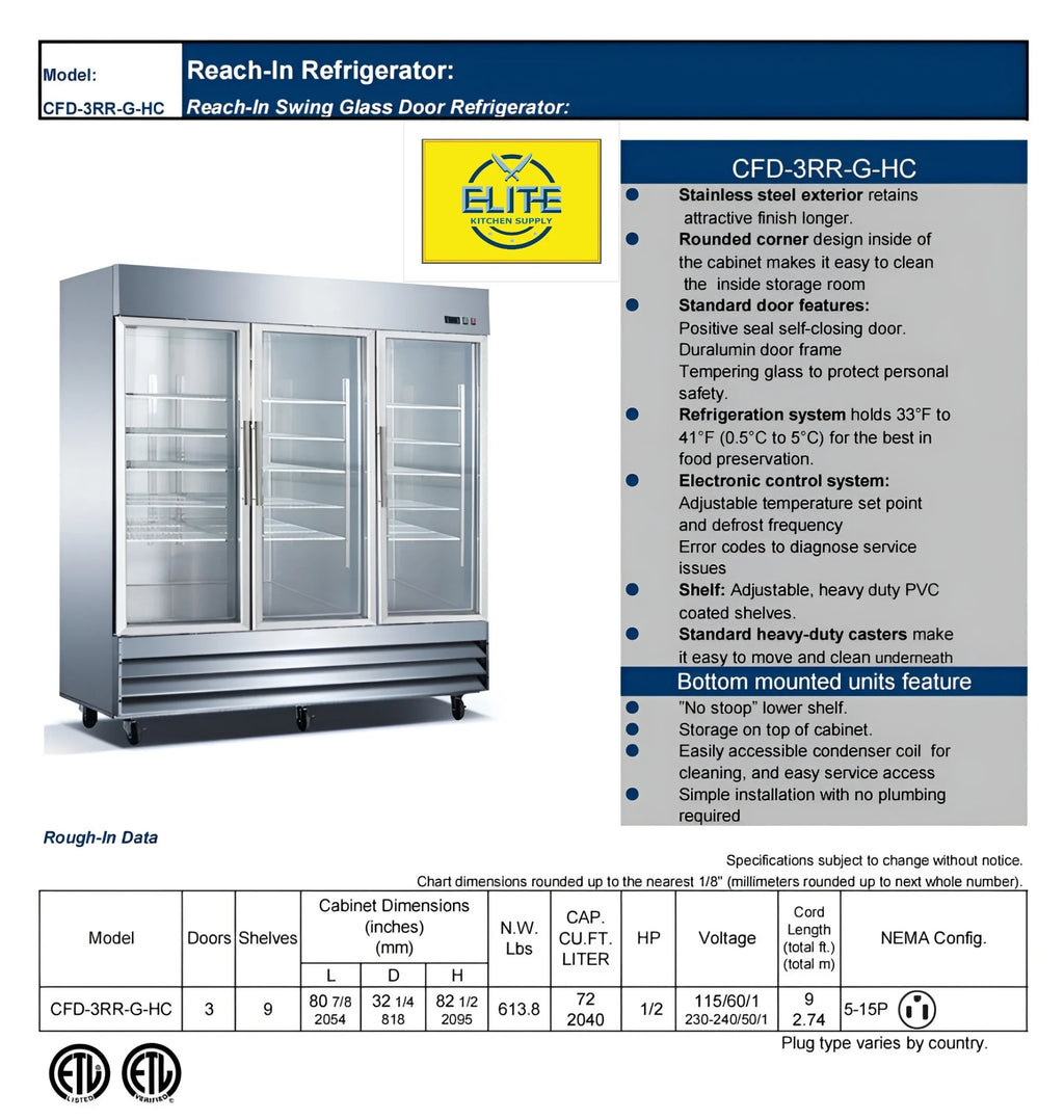 Three Glass Door Upright Reach-In Stainless Steel Commercial Refrigerator, 72 Cu. ft. S29101