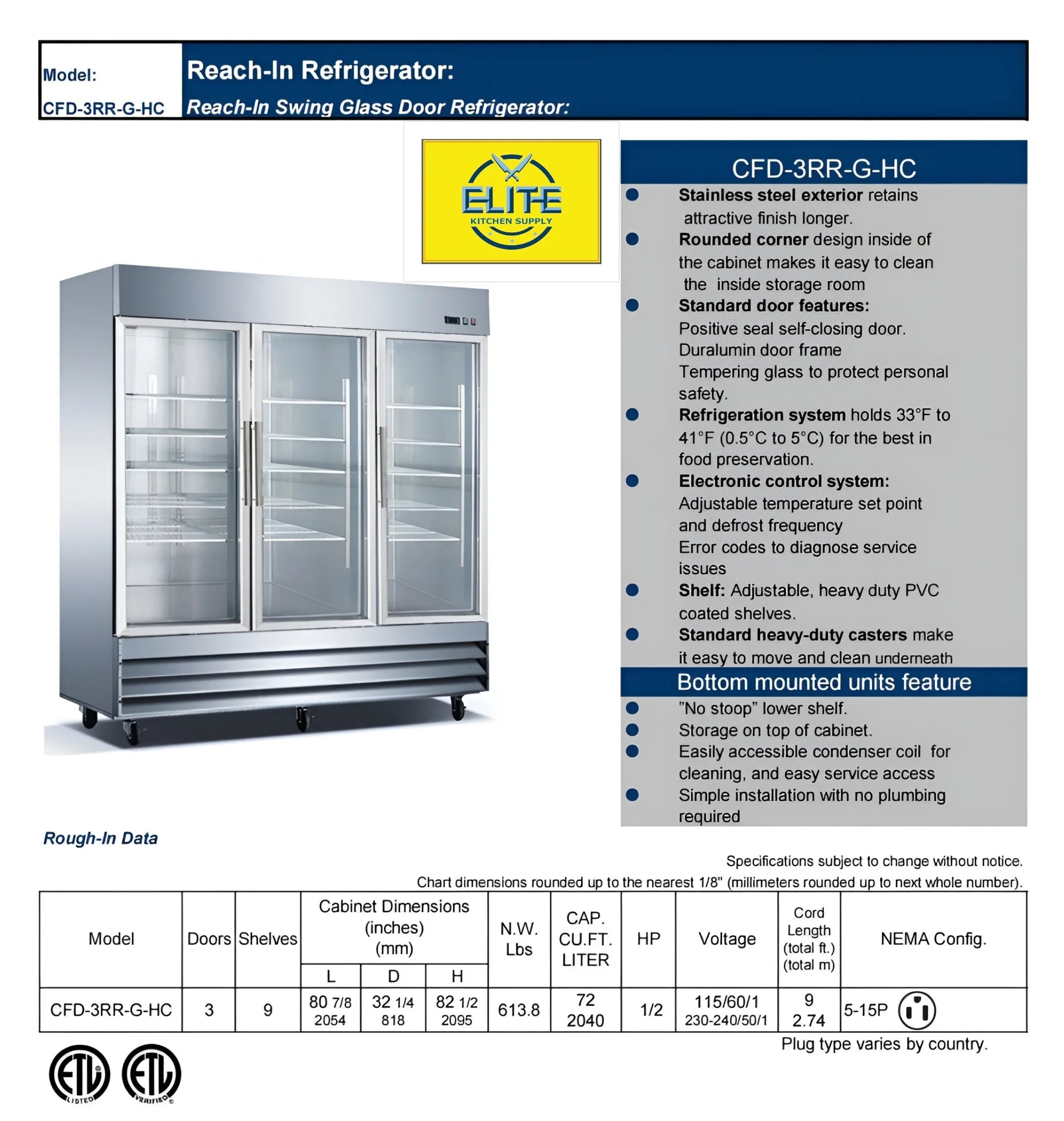Three Glass Door Upright Reach-In Stainless Steel Commercial Refrigerator, 72 Cu. ft. S29101