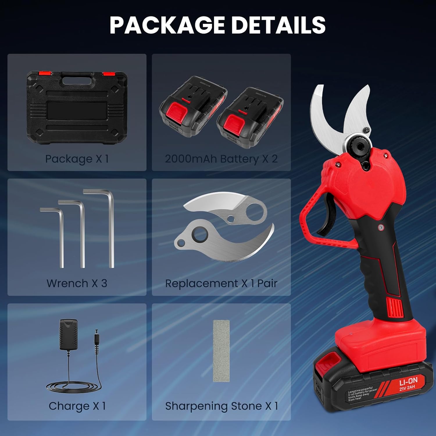 Cordless Electric Pruning Shears with Two 2.0Ah Batteries and Replacement Blades Set E209