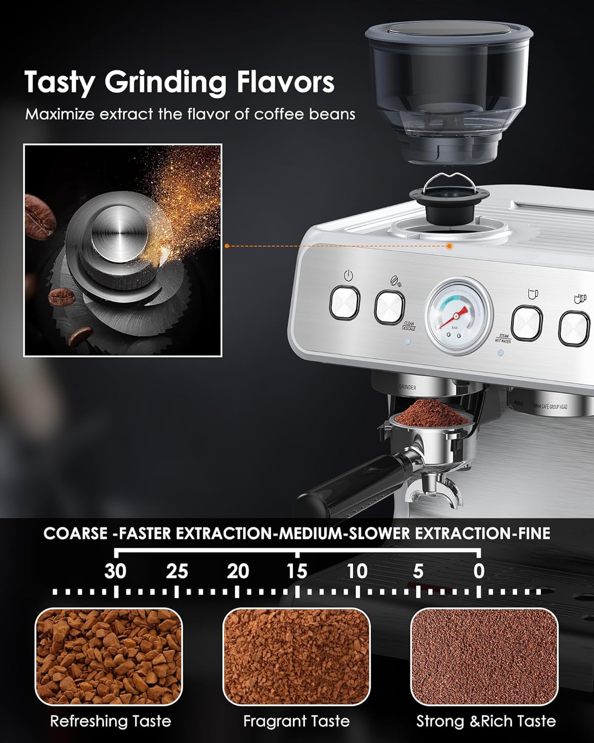 15 Bar Espresso Machine with Coffee Bean Grinder Milk Frother Stainless Steel P928