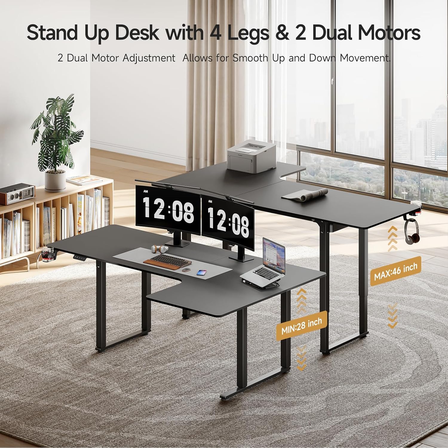 63x43 Inches L Shaped Electric Standing Desk Black K614