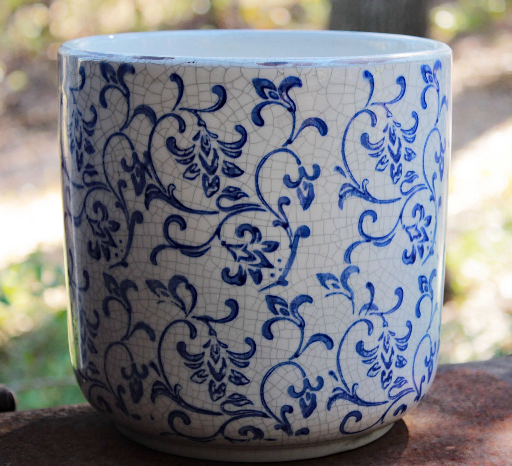 Blue and white ceramic cylindrical garden pot or planter J838221