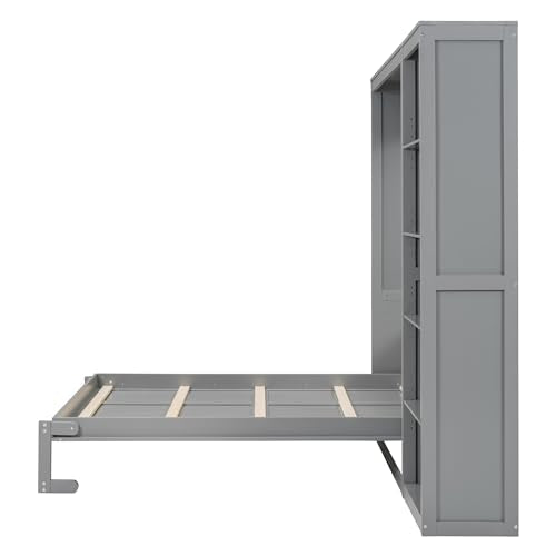 Full Size Murphy Bed with Storage Shelves, Drawers and LED Lights, White T7488