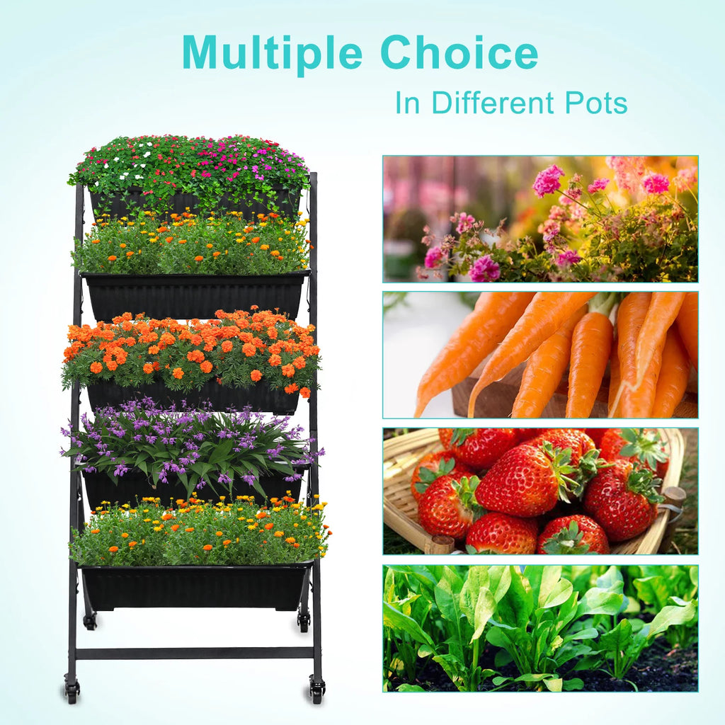 Raised Garden Bed Vertical Garden Freestanding Elevated Planters 5 Container Boxes with Wheels X264