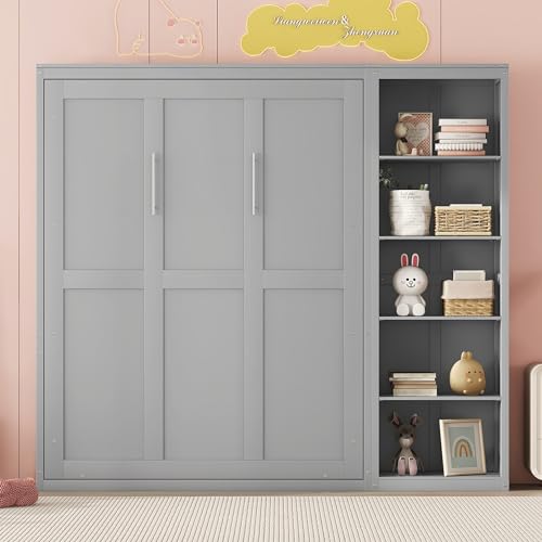 Full Size Murphy Bed with Storage Shelves, Drawers and LED Lights, White T7488