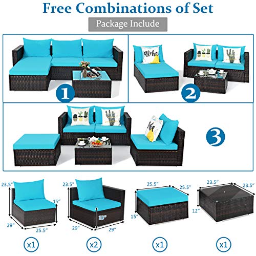 5 Piece Outdoor Patio Furniture Set with Glass Top Coffee Table (Turquoise) S186