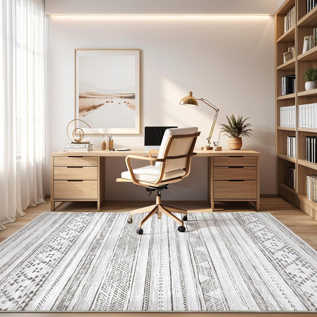 Cream Grey Washable Geometric Area Rug Q76251