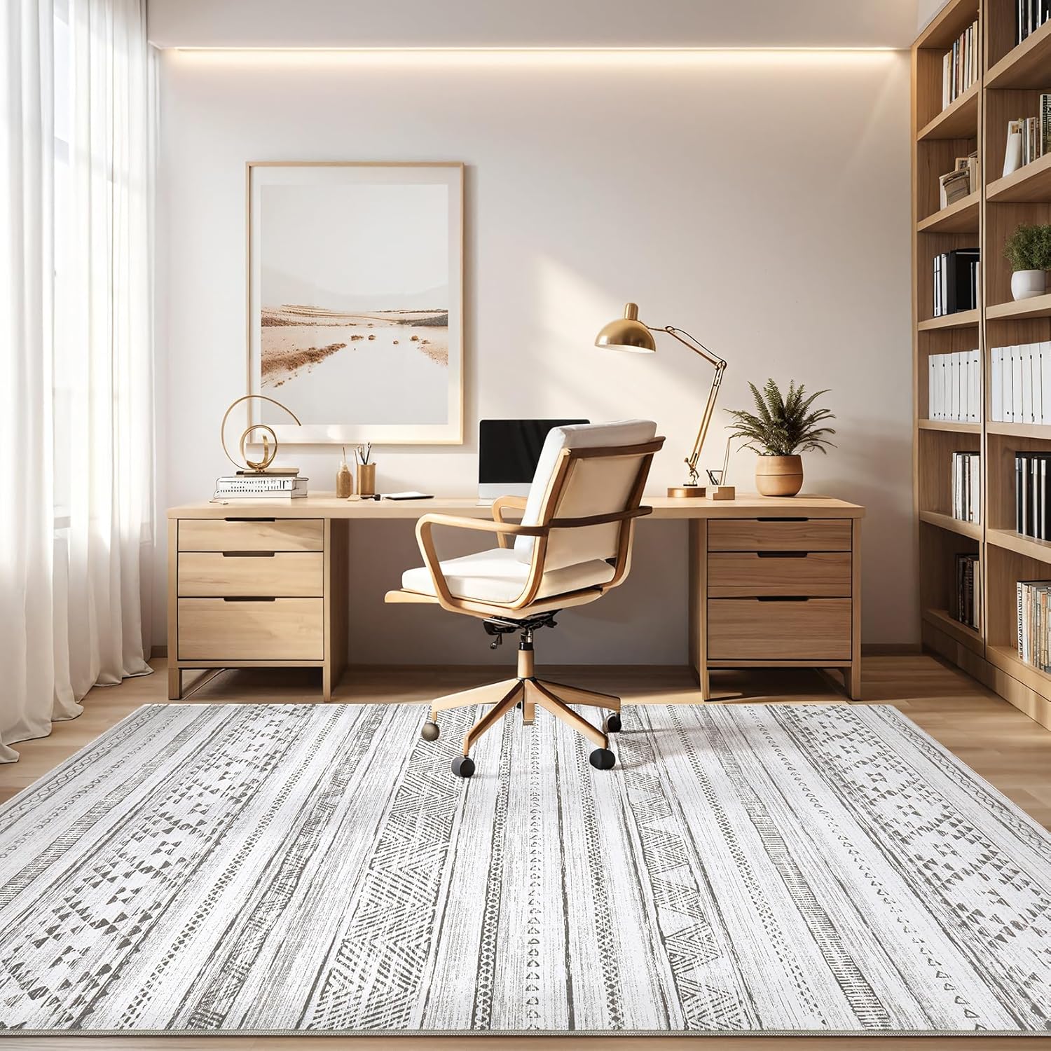 Cream Grey Washable Geometric Area Rug Q76251