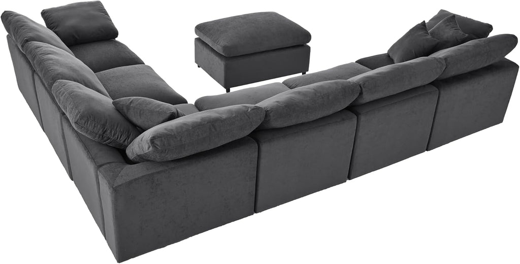 Deep Seat Convertible Modular Sectional Sofa with Movable Ottoman, Oversized Corner Couch with Throw Pillows, 7 Seater Polyester Upholstery Sofa N22971