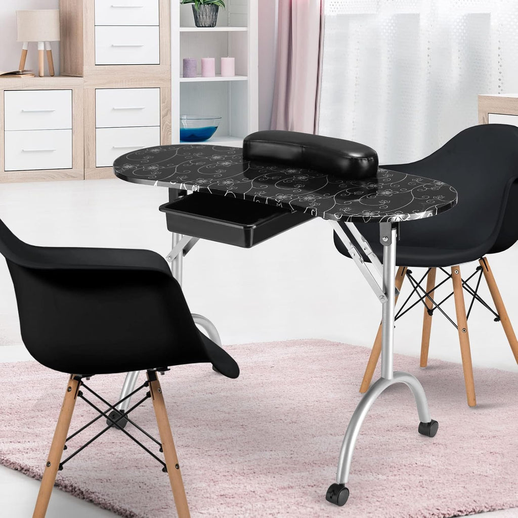 Black Portable Manicure Table with Drawer and Casters V59577