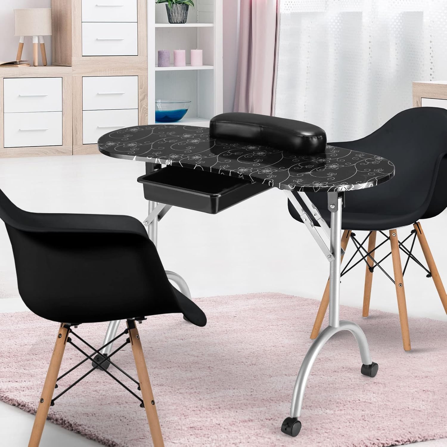 Black Portable Manicure Table with Drawer and Casters V59577