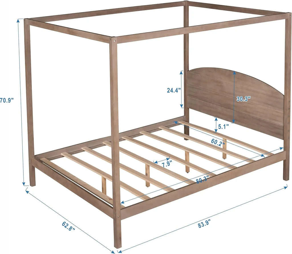 Brown Wash Queen Size 4-Post Canopy Bed Frame F196