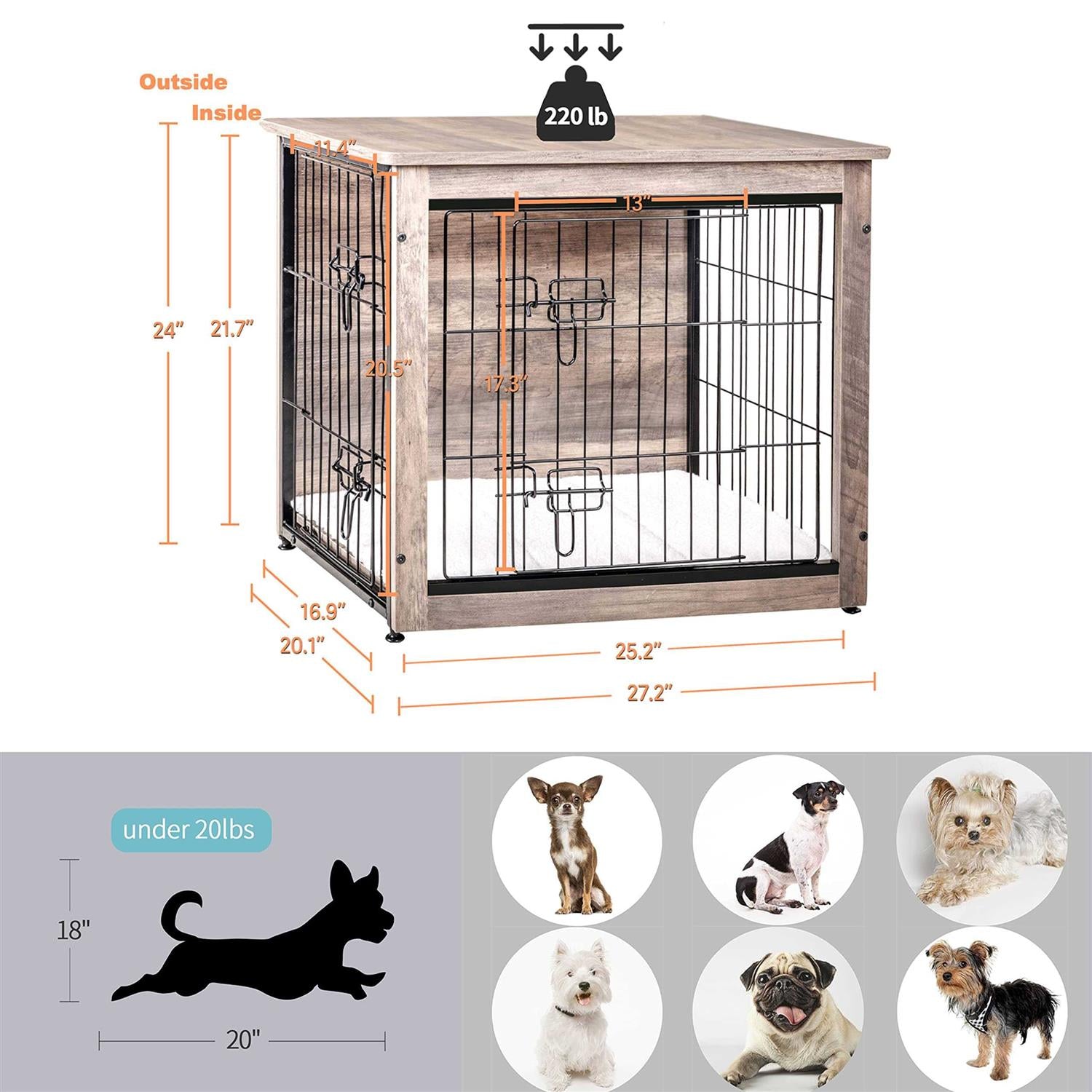 Dog Crate Furniture with Cushion Wooden Dog Crate with Double Doors O60084