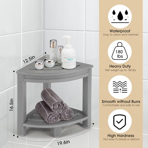 White HDPE Corner Shower Stool with Storage Shelf C566