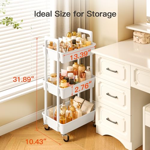 White 3 Tier Plastic Rolling Cart with Lockable Wheels E928