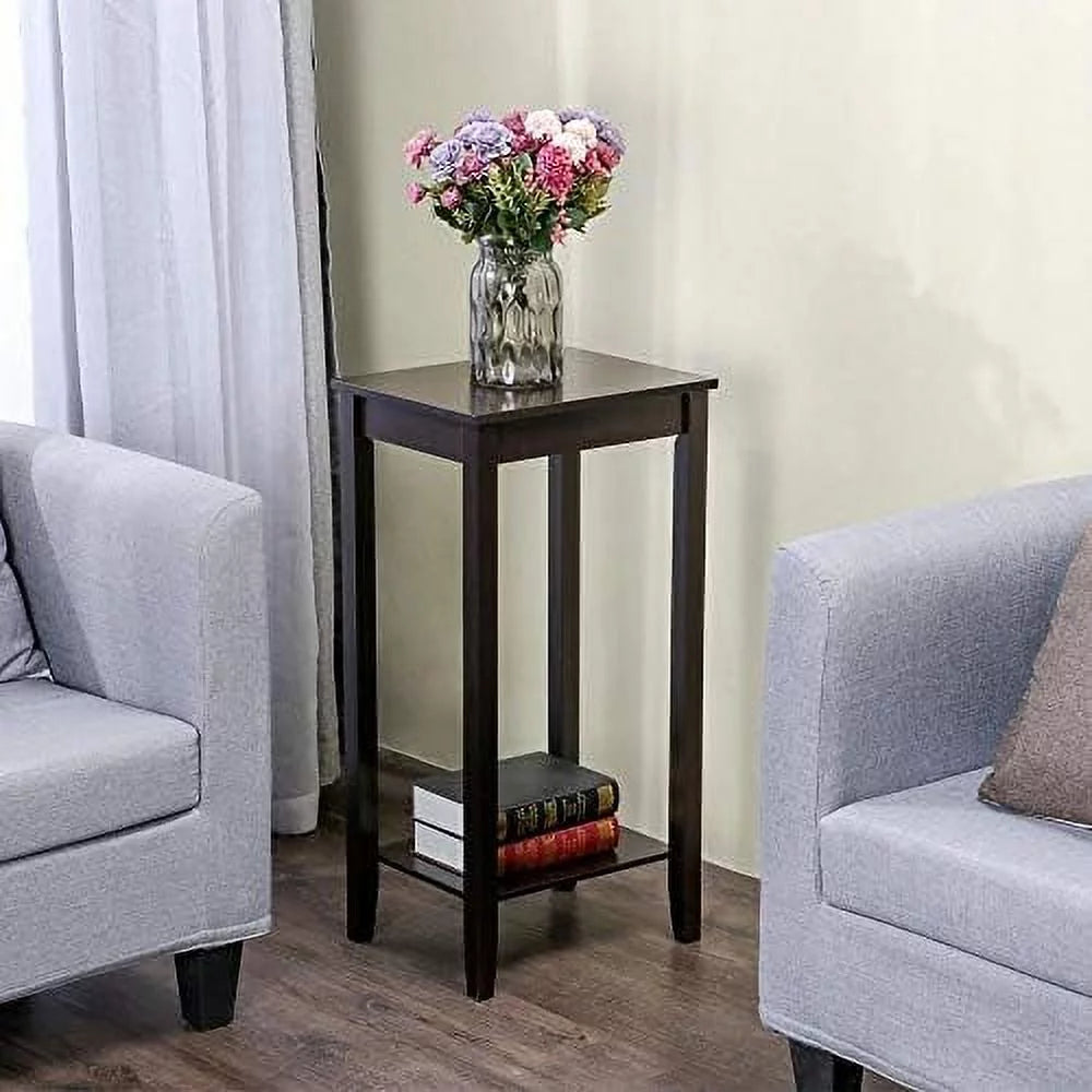 Dark Coffee Tall End Table With Storage Shelf And Solid Wood Legs, D12xw15xh29 Inches J43881