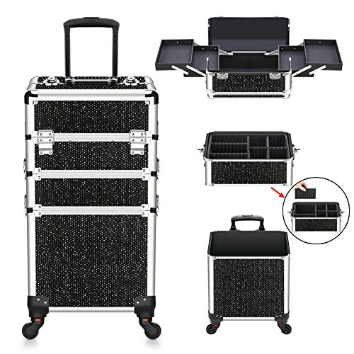 Black Aluminum Portable Makeup Train Case with Folding Trays V60703