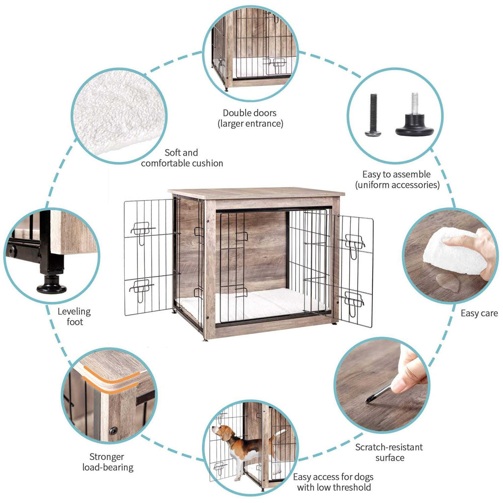 Dog Crate Furniture with Cushion Wooden Dog Crate with Double Doors O60084
