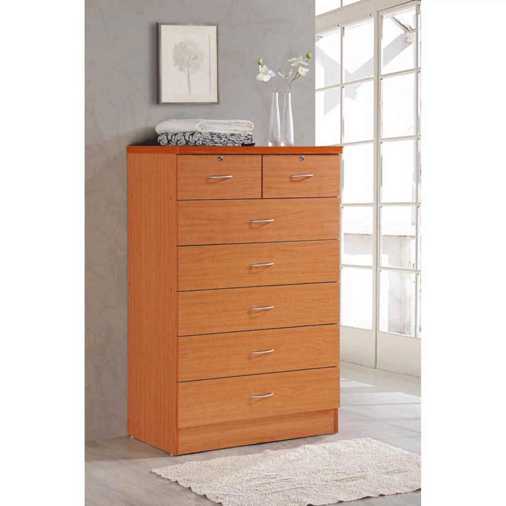 7 Drawer Wooden Dresser Chest with 2 Top Locks, Cherry Q1265