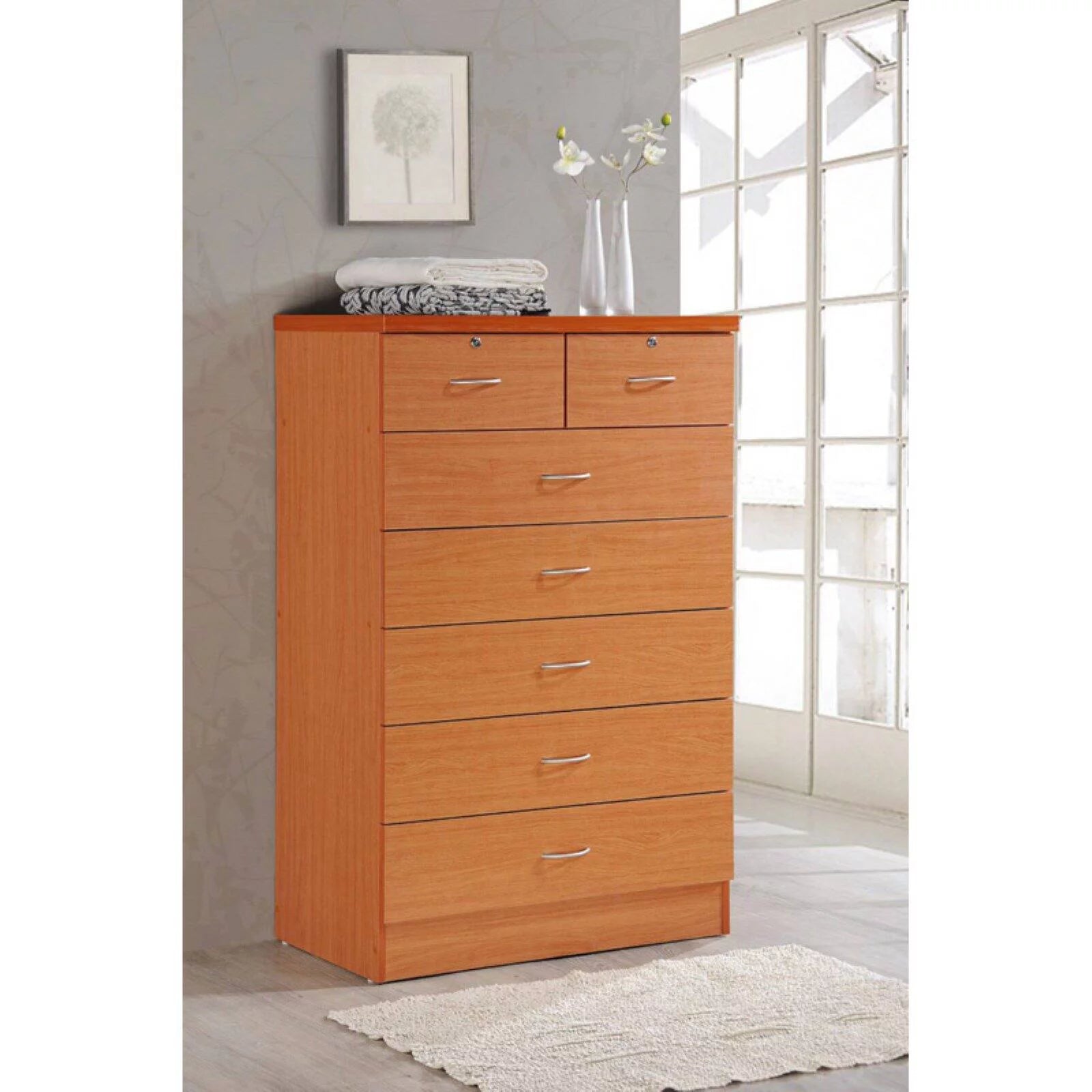 7 Drawer Wooden Dresser Chest with 2 Top Locks, Cherry Q1265