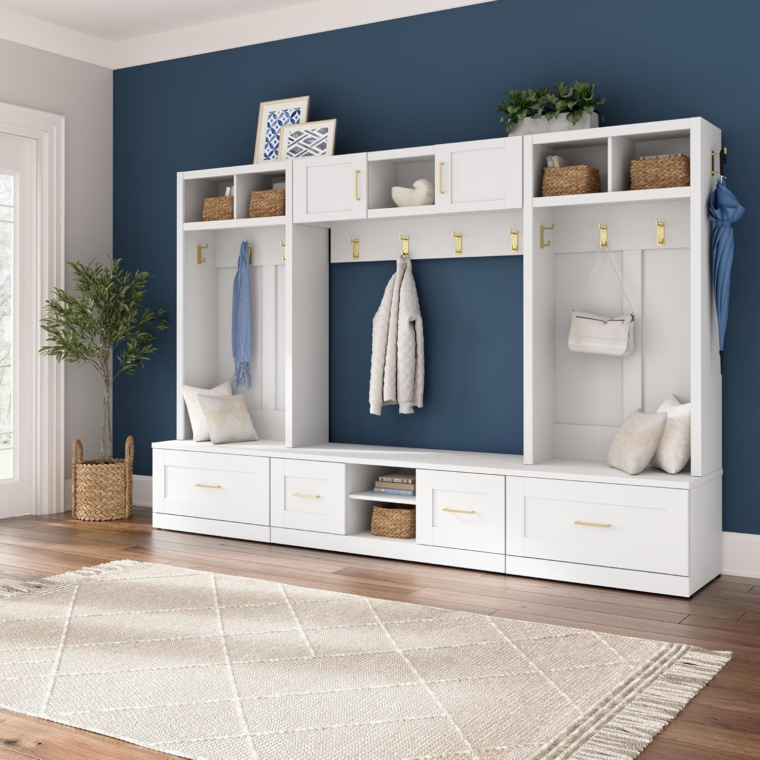 White Full Entryway Storage Set with Coat Rack and Shoe Benches B306