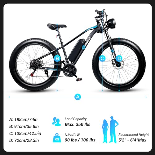 26" x 4.0 Fat Tire Electric Bike, 1000W Peak 1500W 48V 15.6Ah Lithium Battery, 35MPH, 21-Speed B60097