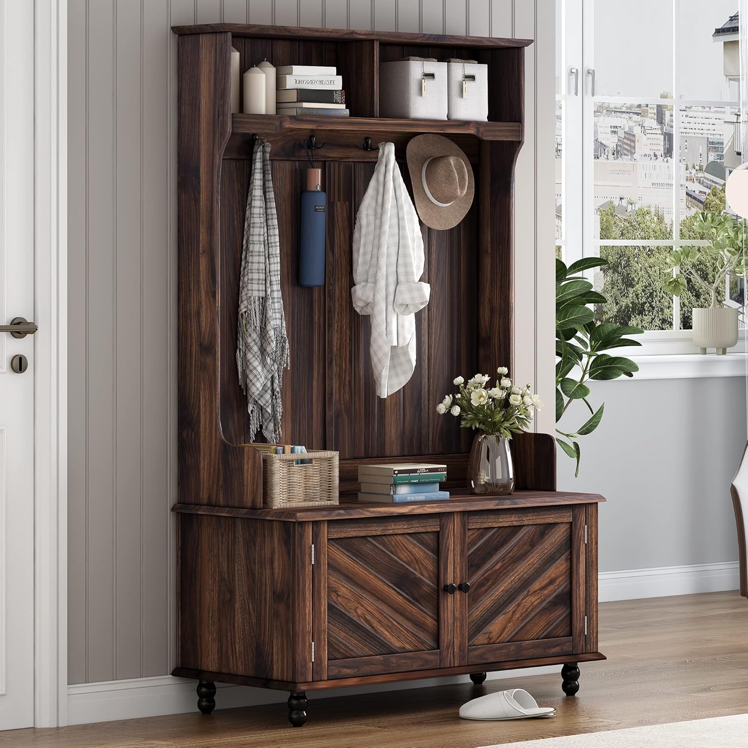Brown 3-in-1 Hall Tree with 4 Hooks and Storage Bench L57875
