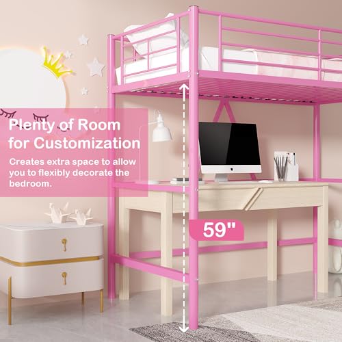 Pink Twin Size Metal Loft Bed with Ladder and Guardrail W43392