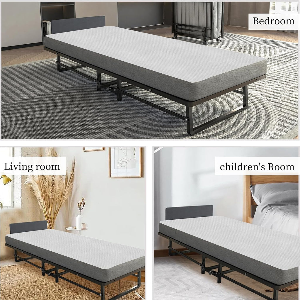 Folding Bed with 4-Inch Mattress, Metal Cot Size Rollaway Bed on Wheels G28732