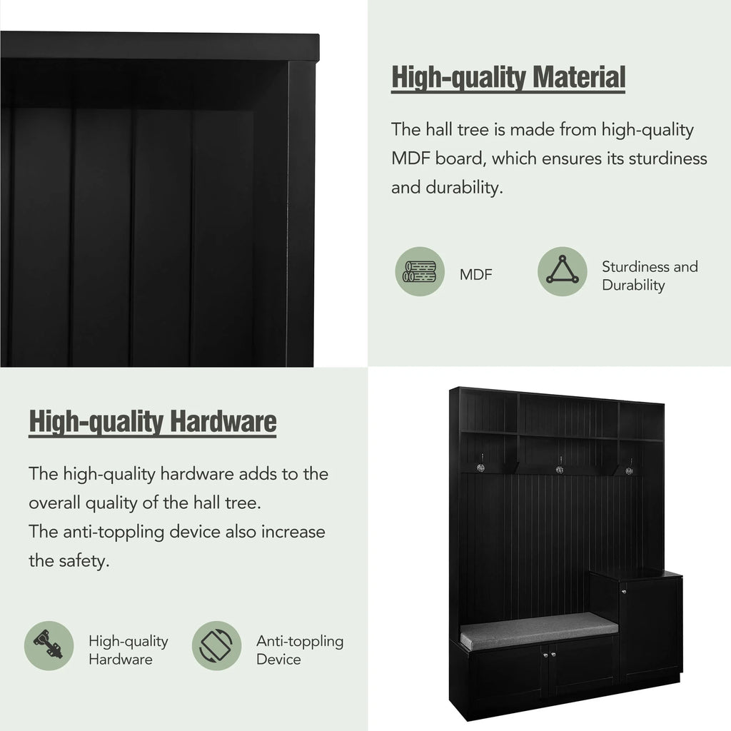Black 4-in-1 Hall Tree with Bench and Shoe Storage L9949
