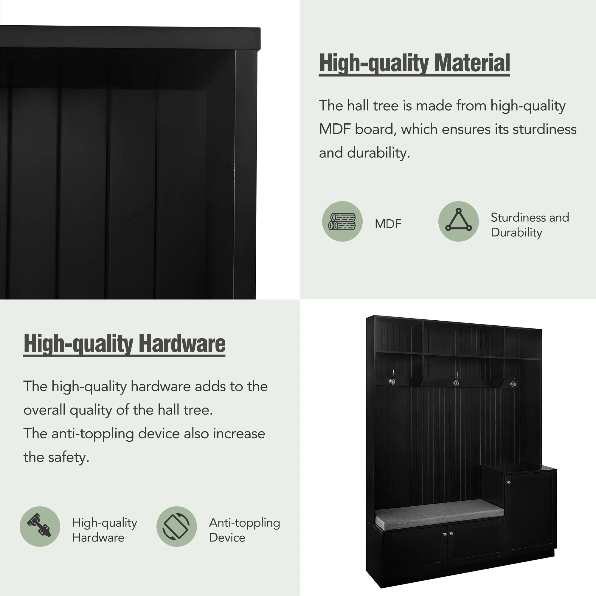 Black 4-in-1 Hall Tree with Bench and Shoe Storage L9949