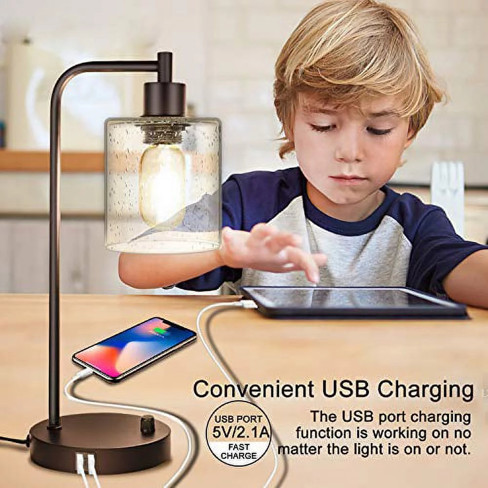 Set of 2 Dimmable Table Lamps with USB Port, Seeded Glass & Matte Black X983230