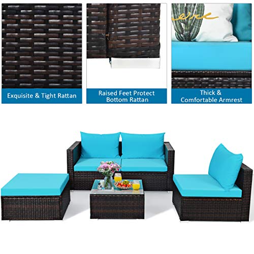 5 Piece Outdoor Patio Furniture Set with Glass Top Coffee Table (Turquoise) S186