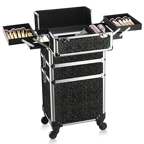 Black Aluminum Portable Makeup Train Case with Folding Trays V60703