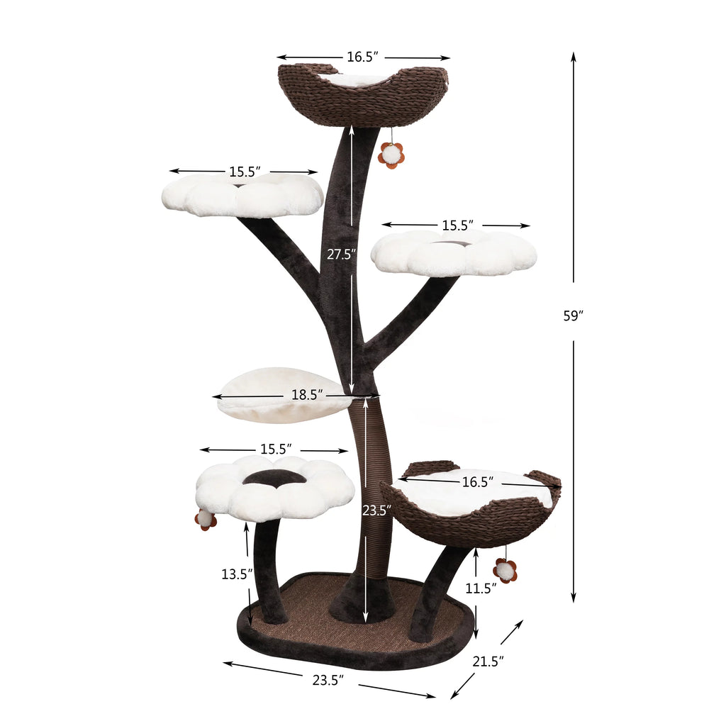 Natural Blossom Flower Woven Tree Branches Large Cat Tree 6-Level Cat Tower with Hammock Foam-Padded Perches Basket U436187
