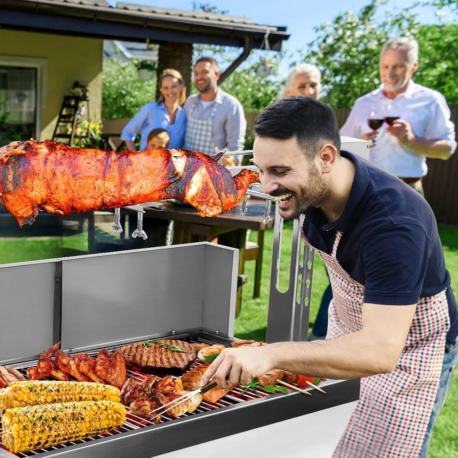 Stainless Steel Rotisserie Grill with Back Cover Guard, 25W Motor, 37'' 2 in 1 BBQ Charcoal Rotisserie Grill E78557