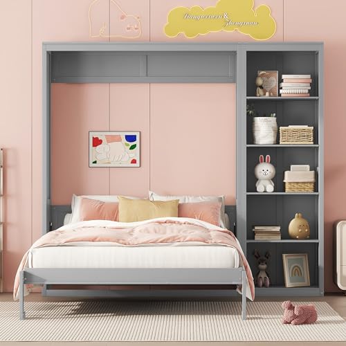 Full Size Murphy Bed with Storage Shelves, Drawers and LED Lights, White T7488
